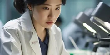 Lab researcher analyzing under a microscope